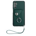 For Samsung Galaxy A13 5G/A04s Organ Card Bag Ring Holder PU Phone Case with Lanyard(Green)