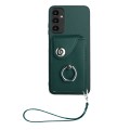 For Samsung Galaxy A25 5G Global Organ Card Bag Ring Holder PU Phone Case with Lanyard(Green)
