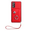 For Samsung Galaxy S20 FE Organ Card Bag Ring Holder PU Phone Case with Lanyard(Red)