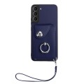 For Samsung Galaxy S21 FE 5G Organ Card Bag Ring Holder PU Phone Case with Lanyard(Blue)