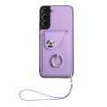 For Samsung Galaxy S21 FE 5G Organ Card Bag Ring Holder PU Phone Case with Lanyard(Purple)