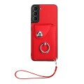 For Samsung Galaxy S21 FE 5G Organ Card Bag Ring Holder PU Phone Case with Lanyard(Red)