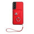 For Samsung Galaxy S22 5G Organ Card Bag Ring Holder PU Phone Case with Lanyard(Red)