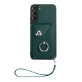 For Samsung Galaxy S22 5G Organ Card Bag Ring Holder PU Phone Case with Lanyard(Green)