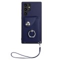 For Samsung Galaxy S22 Ultra 5G Organ Card Bag Ring Holder PU Phone Case with Lanyard(Blue)