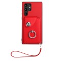 For Samsung Galaxy S22 Ultra 5G Organ Card Bag Ring Holder PU Phone Case with Lanyard(Red)