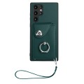 For Samsung Galaxy S22 Ultra 5G Organ Card Bag Ring Holder PU Phone Case with Lanyard(Green)