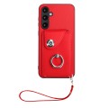 For Samsung Galaxy S23 FE 5G Organ Card Bag Ring Holder PU Phone Case with Lanyard(Red)