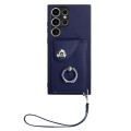 For Samsung Galaxy S23 Ultra 5G Organ Card Bag Ring Holder PU Phone Case with Lanyard(Blue)