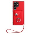 For Samsung Galaxy S23 Ultra 5G Organ Card Bag Ring Holder PU Phone Case with Lanyard(Red)