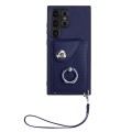 For Samsung Galaxy S24 Ultra 5G Organ Card Bag Ring Holder PU Phone Case with Lanyard(Blue)