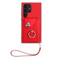 For Samsung Galaxy S24 Ultra 5G Organ Card Bag Ring Holder PU Phone Case with Lanyard(Red)