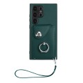 For Samsung Galaxy S24 Ultra 5G Organ Card Bag Ring Holder PU Phone Case with Lanyard(Green)