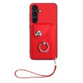 For Samsung Galaxy S24+ 5G Organ Card Bag Ring Holder PU Phone Case with Lanyard(Red)