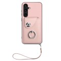 For Samsung Galaxy S24 5G Organ Card Bag Ring Holder PU Phone Case with Lanyard(Pink)