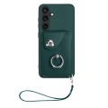 For Samsung Galaxy S24 5G Organ Card Bag Ring Holder PU Phone Case with Lanyard(Green)