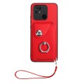 For Xiaomi Redmi 10C Organ Card Bag Ring Holder PU Phone Case with Lanyard(Red)