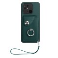 For Xiaomi Redmi 10C Organ Card Bag Ring Holder PU Phone Case with Lanyard(Green)