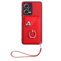 For Xiaomi Poco X5/Redmi Note 12 5G Global Organ Card Bag Ring Holder PU Phone Case with Lanyard(Red