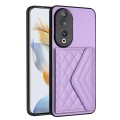 For Honor 90 Rhombic Texture Card Bag RFID Phone Case with Long Lanyard(Light Purple)