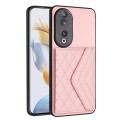 For Honor 90 Rhombic Texture Card Bag RFID Phone Case with Long Lanyard(Rose Gold)