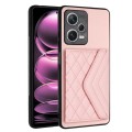 For Xiaomi Redmi Note 12 Pro 5G Rhombic Texture Card Bag RFID Phone Case with Long Lanyard(Rose Gold