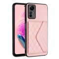 For Xiaomi Redmi Note 12S 4G Rhombic Texture Card Bag RFID Phone Case with Long Lanyard(Rose Gold)