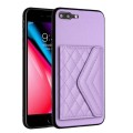 For iPhone 8 Plus / 7 Plus Rhombic Texture Card Bag RFID Phone Case with Long Lanyard(Light Purple)