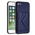 For iPhone SE 2022 / SE 2020 Rhombic Texture Card Bag RFID Phone Case with Long Lanyard(Dark Purple)