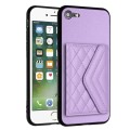 For iPhone SE 2022 / SE 2020 Rhombic Texture Card Bag RFID Phone Case with Long Lanyard(Light Purple