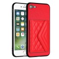 For iPhone SE 2022 / SE 2020 Rhombic Texture Card Bag RFID Phone Case with Long Lanyard(Red)