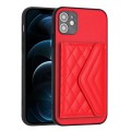 For iPhone 12 mini Rhombic Texture Card Bag RFID Phone Case with Long Lanyard(Red)