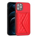 For iPhone 12 Pro Rhombic Texture Card Bag RFID Phone Case with Long Lanyard(Red)