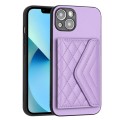 For iPhone 13 mini Rhombic Texture Card Bag RFID Phone Case with Long Lanyard(Light Purple)