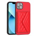 For iPhone 13 mini Rhombic Texture Card Bag RFID Phone Case with Long Lanyard(Red)