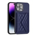For iPhone 13 Pro Max Rhombic Texture Card Bag RFID Phone Case with Long Lanyard(Dark Purple)
