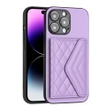 For iPhone 13 Pro Max Rhombic Texture Card Bag RFID Phone Case with Long Lanyard(Light Purple)