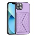 For iPhone 14 Rhombic Texture Card Bag RFID Phone Case with Long Lanyard(Light Purple)