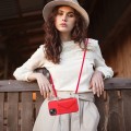 For iPhone 14 Plus Rhombic Texture Card Bag RFID Phone Case with Long Lanyard(Red)