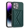 For iPhone 14 Pro Max Rhombic Texture Card Bag RFID Phone Case with Long Lanyard(Green)