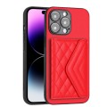 For iPhone 14 Pro Max Rhombic Texture Card Bag RFID Phone Case with Long Lanyard(Red)