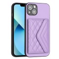 For iPhone 15 Rhombic Texture Card Bag RFID Phone Case with Long Lanyard(Light Purple)