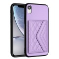 For iPhone XR Rhombic Texture Card Bag RFID Phone Case with Long Lanyard(Light Purple)