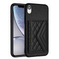 For iPhone XR Rhombic Texture Card Bag RFID Phone Case with Long Lanyard(Black)