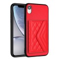 For iPhone XR Rhombic Texture Card Bag RFID Phone Case with Long Lanyard(Red)
