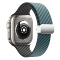 For Apple Watch Series 9 45mm Carbon Fiber Magnetic Silver Buckle Watch Band(Deep Green Black)