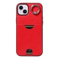 For iPhone 15 Plus Calf Texture Card Slot Ring Holder Phone Case(Red)