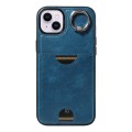 For iPhone 15 Plus Calf Texture Card Slot Ring Holder Phone Case(Blue)