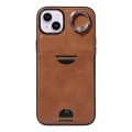 For iPhone 15 Plus Calf Texture Card Slot Ring Holder Phone Case(Brown)