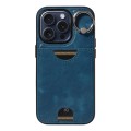 For iPhone 15 Pro Calf Texture Card Slot Ring Holder Phone Case(Blue)